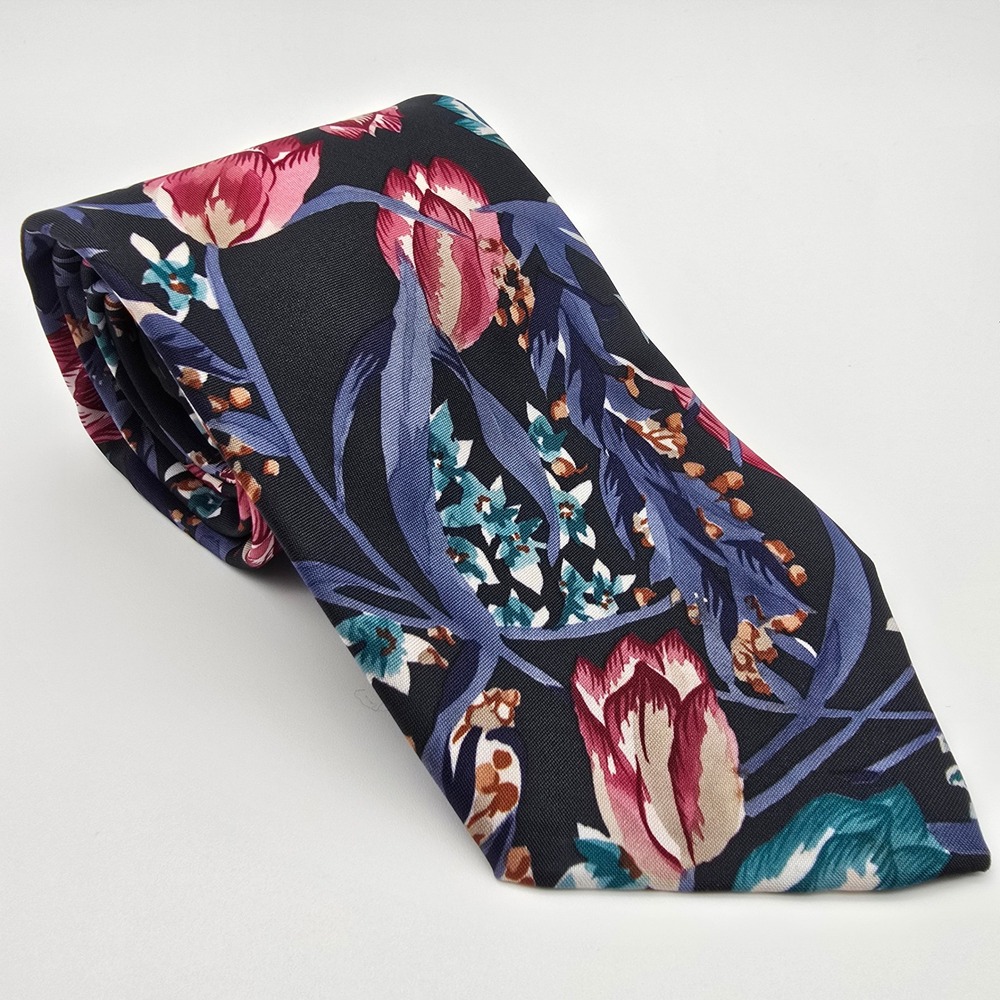 Italissimo Mens Floral Tulip Necktie Navy Blue Pink Botanical Polyester Tie
